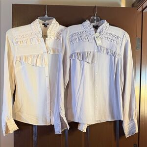 Ann Taylor Cream & Gray Button Down Silk Shirts with Ruffles